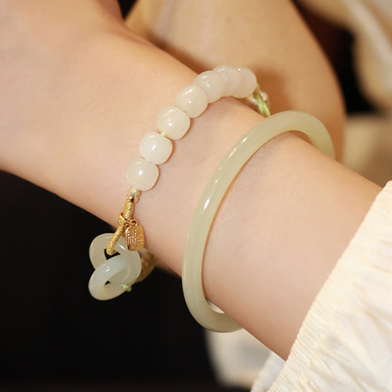 Wear FengShui Natural Hetian Jade Bead Double Peace Buckle Fu Character Abundance Braided Bracelet