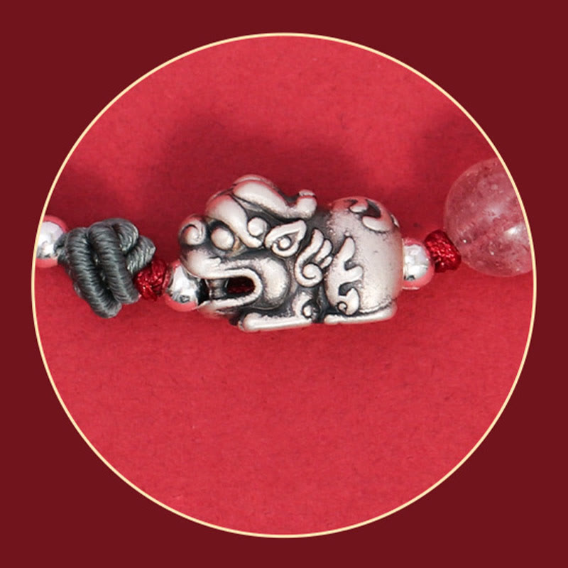 Wear FengShui 999 Sterling Silver PiXiu Strawberry Quartz Bead Wealth Luck Braided Bracelet