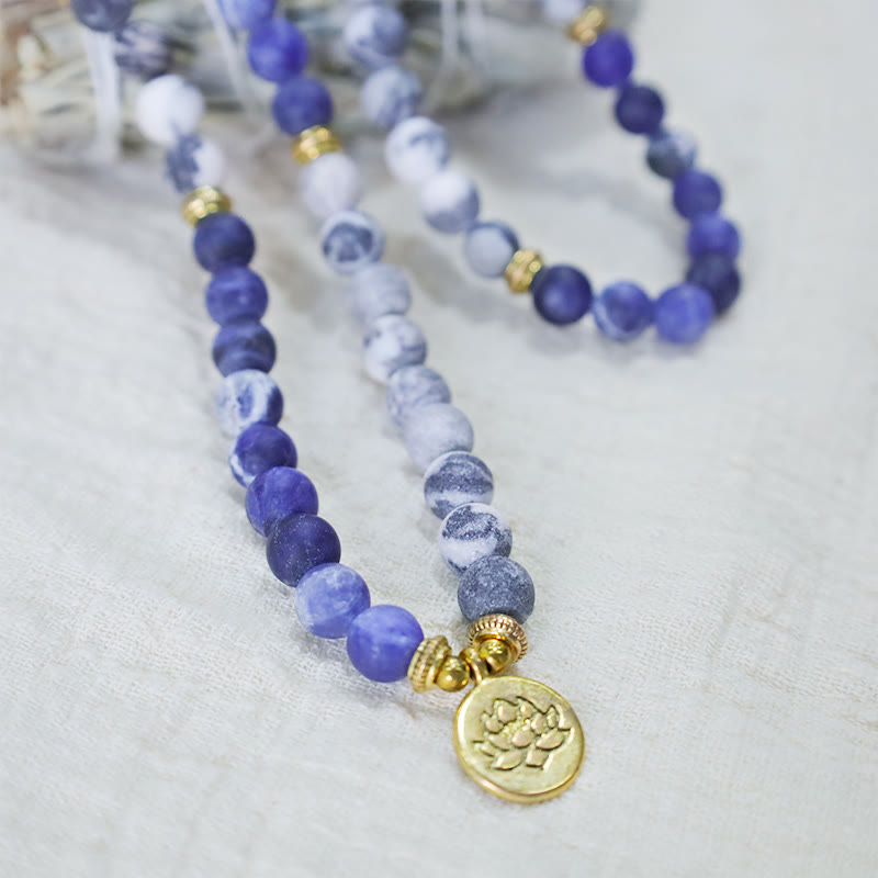 Wear FengShui 108 Natural Picasso Jasper & Blue Stone Mala Bead Lotus Pendant Bracelet