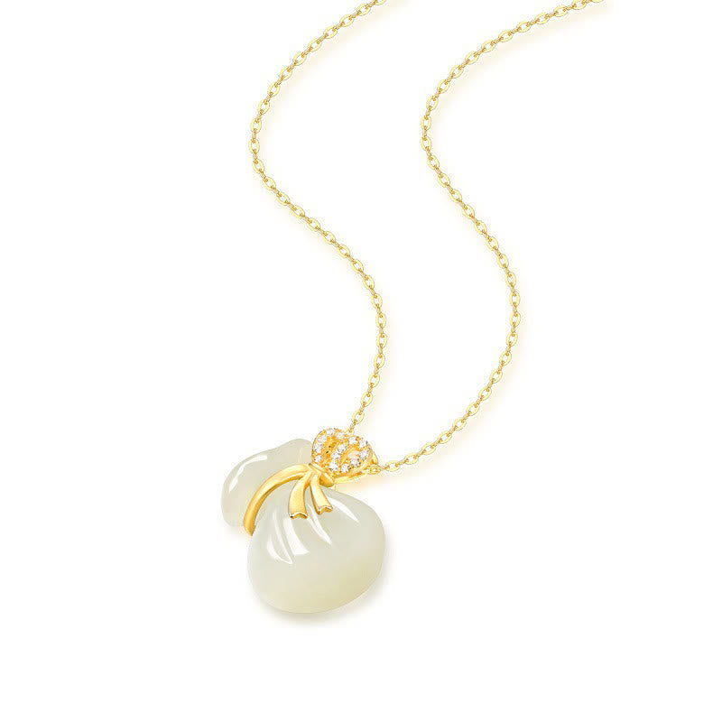 Wear FengShui Natural Hetian White Jade Luck Money Bag Necklace Pendant