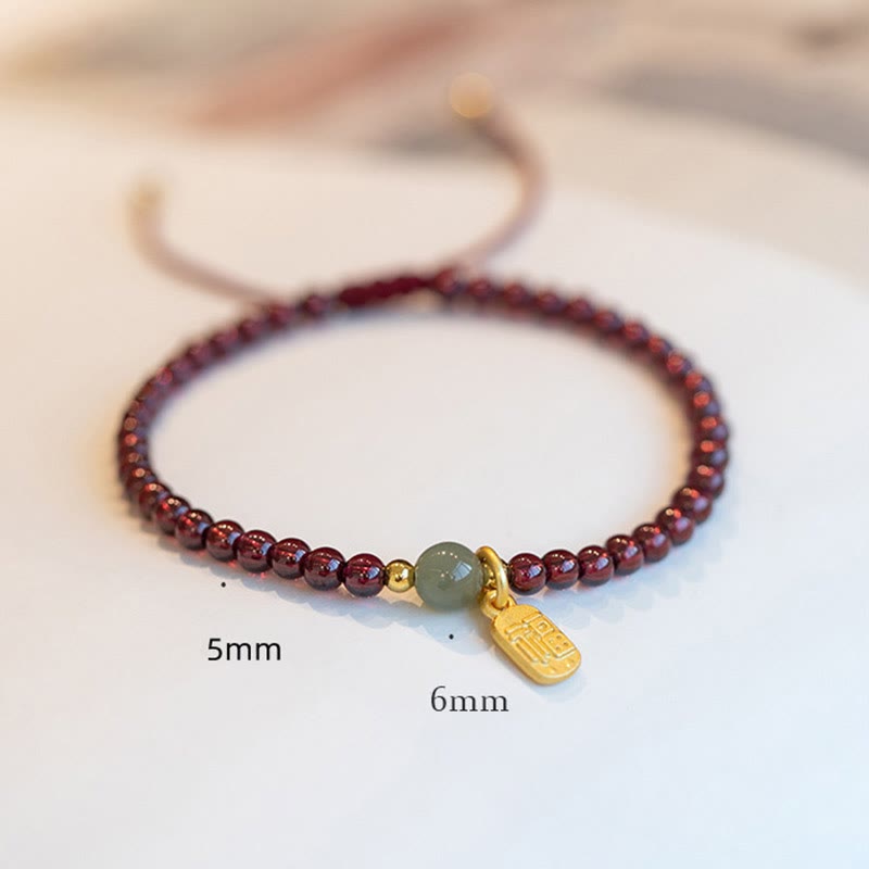 Wear FengShui Natural Strawberry Quartz Garnet Jade Lucky Fortune Fu Character Healing Charm Bracelet