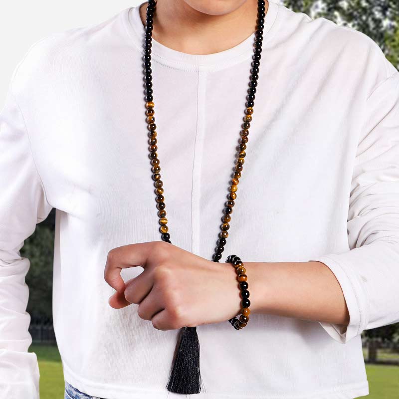 Wear FengShui Tibetan Black Onyx Tiger Eye Protection Necklace Mala Set