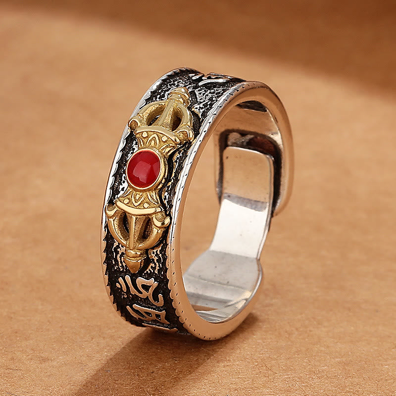 Wear FengShui Tibetan Om Mani Padme Hum Red Agate Dorje Vajra Design Wisdom Ring