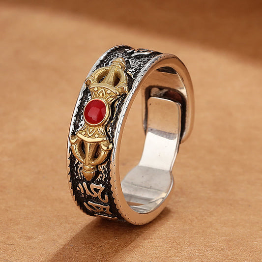 Wear FengShui Tibetan Om Mani Padme Hum Red Agate Dorje Vajra Design Wisdom Ring