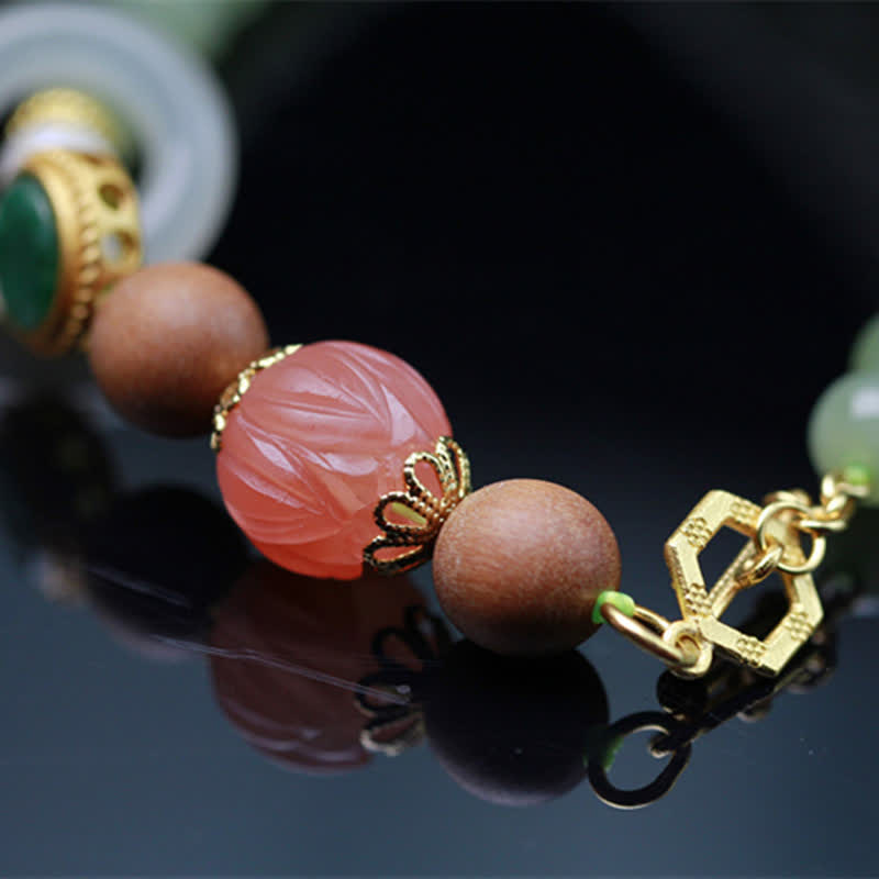 Wear FengShui Natural Hetian Jade Amber Lotus Red Agate Luck Abundance Bracelet