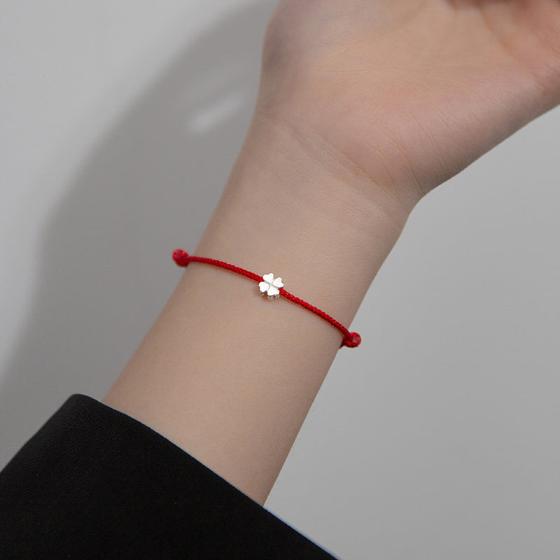 Wear FengShui 925 Sterling Silver Four Leaf Clover Red Rope Bracelet