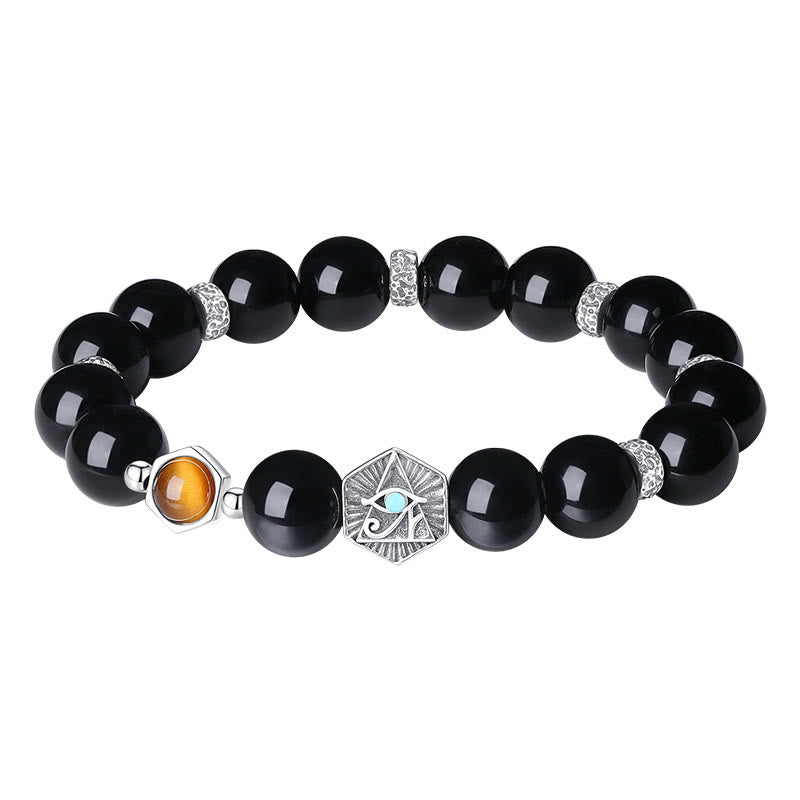 Wear FengShui 925 Sterling Silver Black Obsidian Tiger Eye Eye of Providence Purification Bracelet