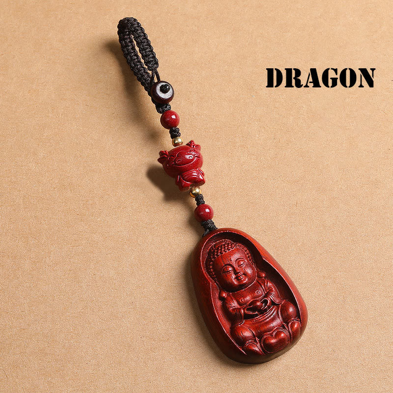 Wear FengShui Small Leaf Red Sandalwood Buddha Cinnabar Chinese Zodiac Amulet Protection Key Chain