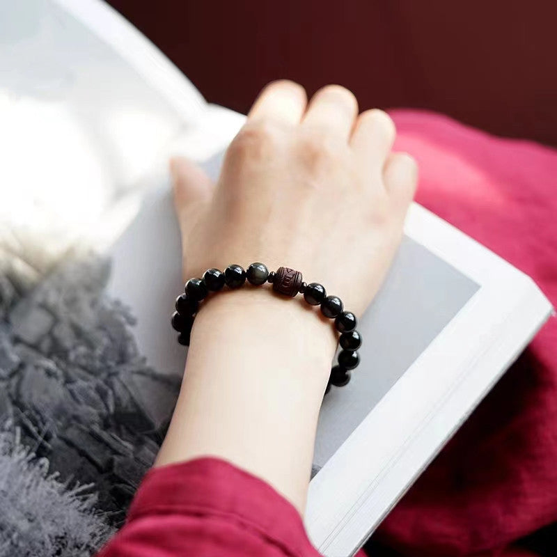 Wear FengShui Natural Gold Sheen Obsidian Rainbow Obsidian Om Mani Padme Hum Fu Character Healing Bracelet