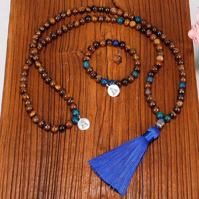 Wear FengShui 108 Mala Beads Tiger Eye Buddha Strength Bracelet Tassel Necklace Pendant