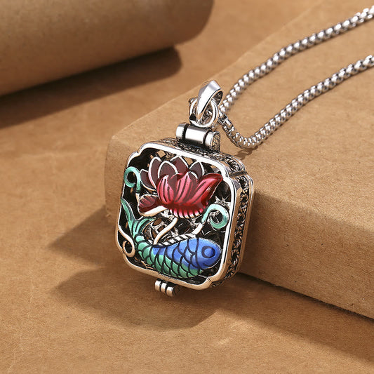 Wear FengShui Koi Fish Lotus Copper Coins Luck Ghau Prayer Box Necklace Pendant