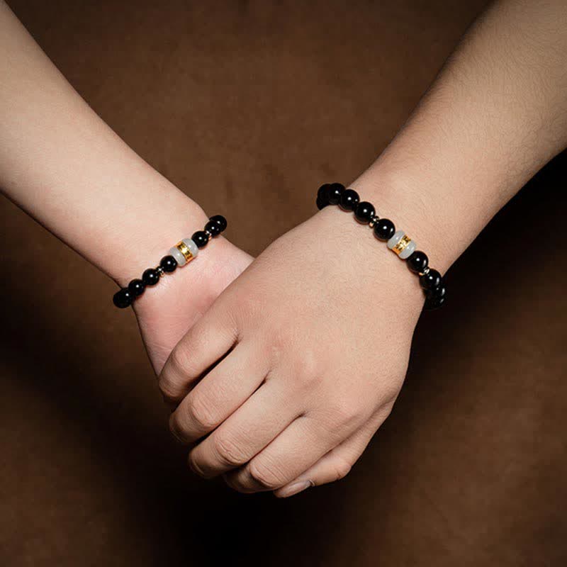 Wear FengShui Black Obsidian Jade Om Mani Padme Hum Strength Couple Magnetic Bracelet