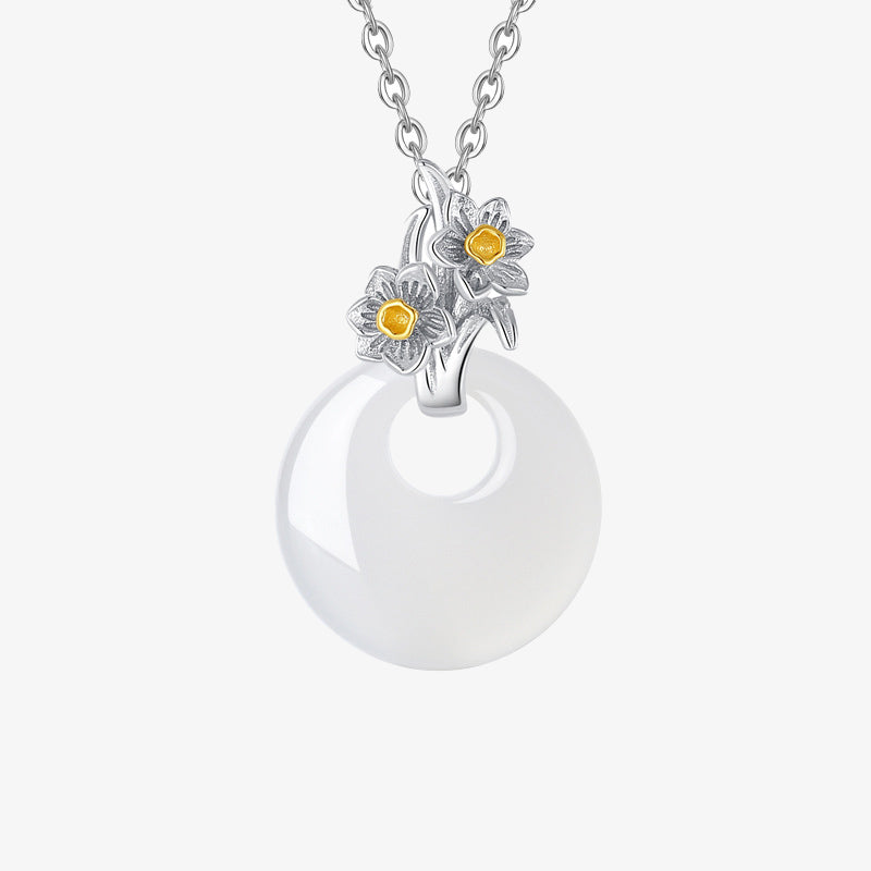 Wear FengShui 925 Sterling Silver Round Chalcedony Twelve Months Flower Harmony Necklace Pendant