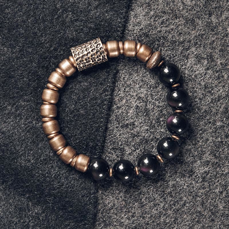 Wear FengShui Lava Rock Stone Rainbow Obsidian Brass Support Healing Bracelet