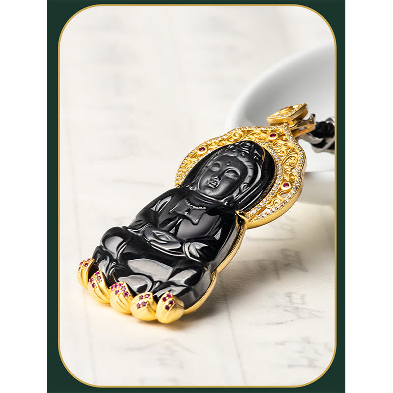 Wear FengShui Natural Black Jade Kwan Yin Avalokitesvara Wealth Titanium Steel Chain Necklace Pendant
