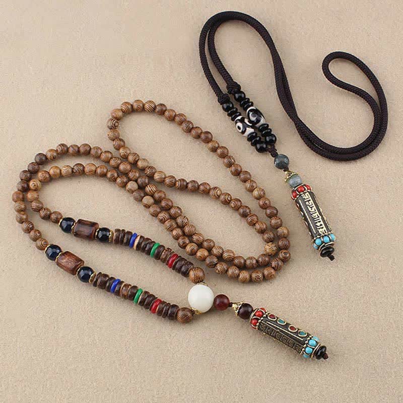 Wear FengShui Tibetan Om Mani Padme Hum Dzi Bead Wenge Wood Necklace Pendant