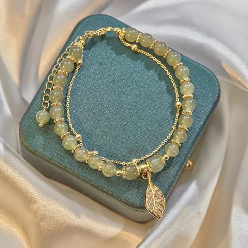 Wear FengShui Jade Leaf Ginkgo Tulip Peanut Fu Character Luck Beaded Bracelet