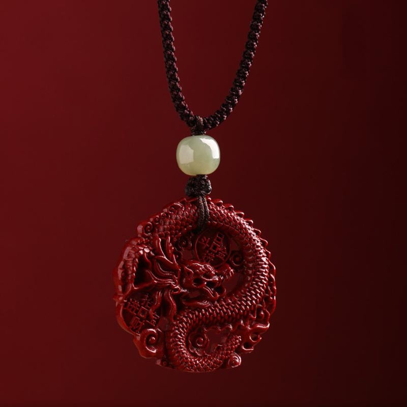 Wear FengShui Year Of The Dragon Natural Cinnabar Hetian Jade Bead Copper Coin Attract Wealth Strength Necklace Pendant