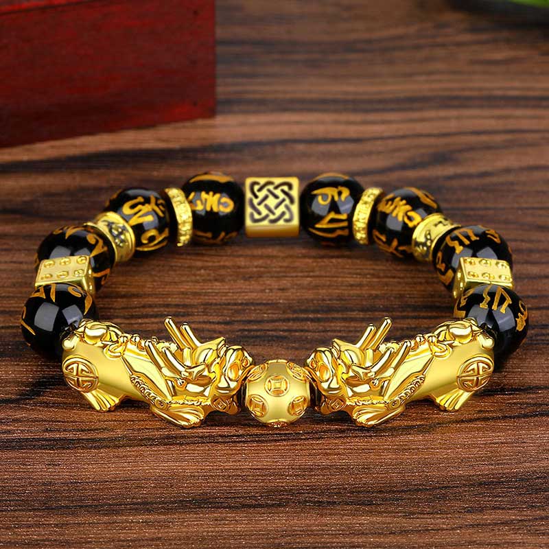 Wear FengShui FengShui Double PiXiu Obsidian Om Mani Padme Hum Wealth Bracelet