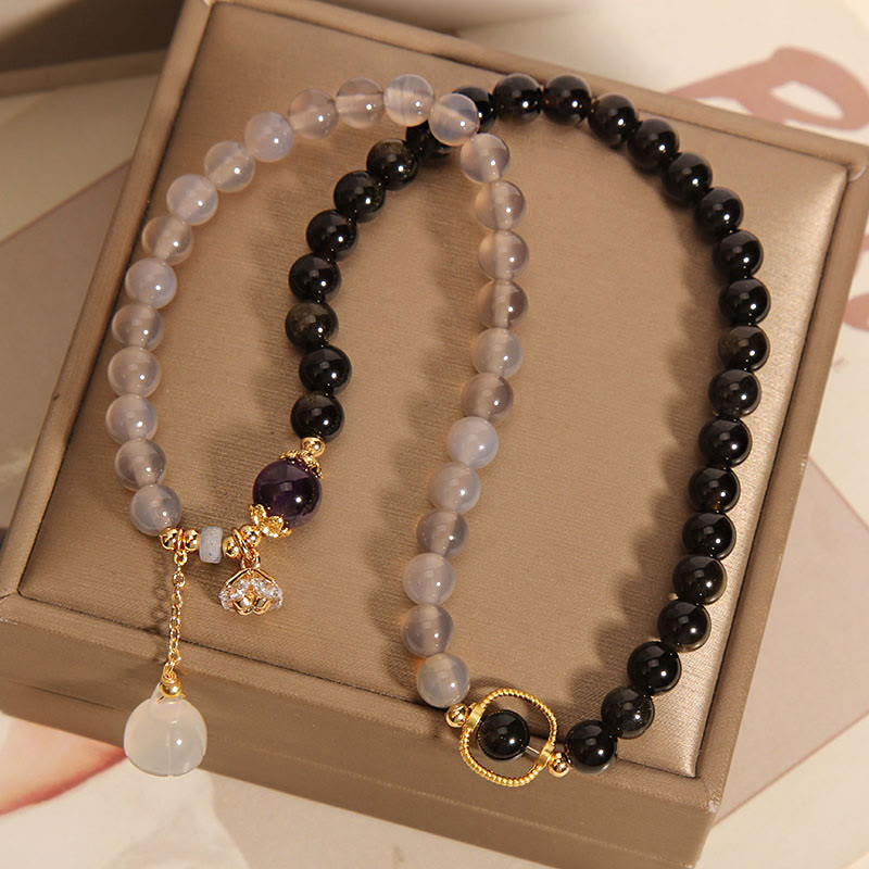 Wear FengShui Gold Sheen Obsidian Gray Agate Lotus Charm Strengthen Double Wrap Bracelet
