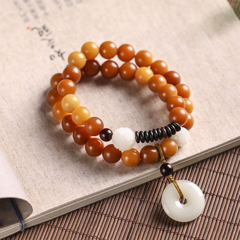 Wear FengShui Cyan Bodhi Seed Lotus Jade Peace Buckle Wisdom Double Wrap Bracelet