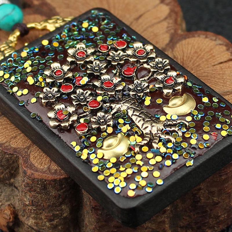 Wear FengShui Tibet God Of Wealth Money Tree Golden Phoenix Thangka Ebony Peace Necklace Pendant
