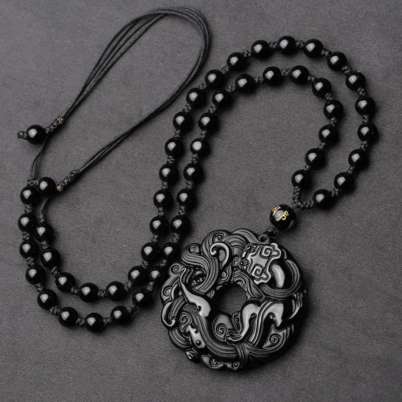 Wear FengShui Natural Black Obsidian Peace Buckle Pixiu Purification Necklace Pendant