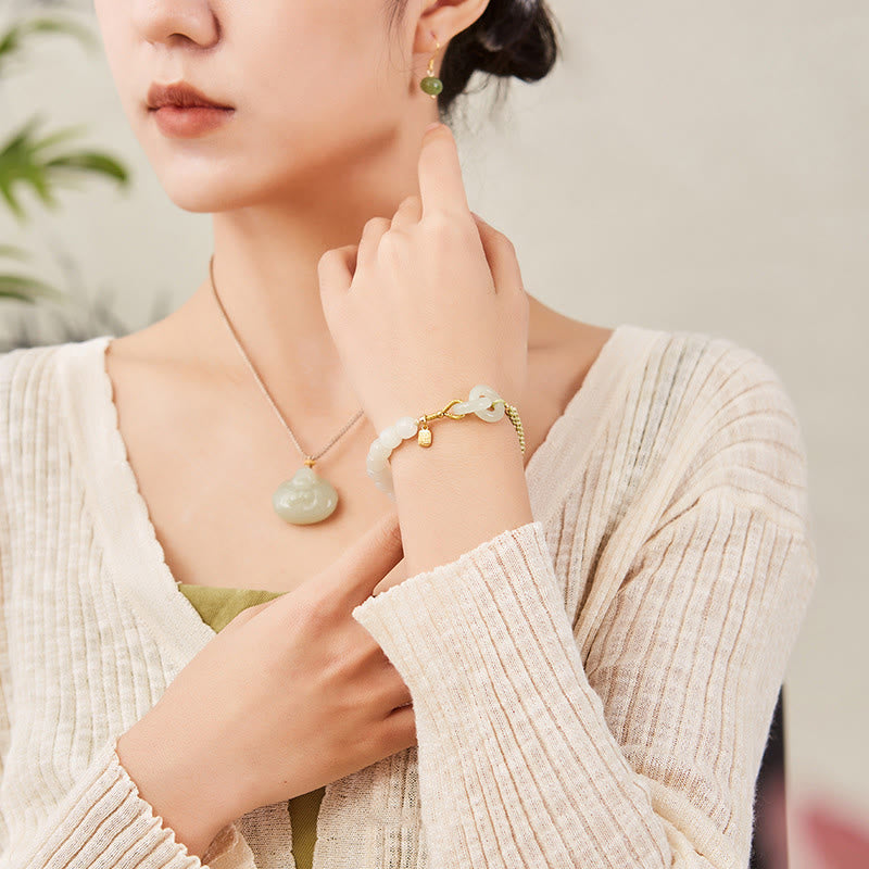 Wear FengShui Natural Hetian Jade Bead Double Peace Buckle Fu Character Abundance Braided Bracelet