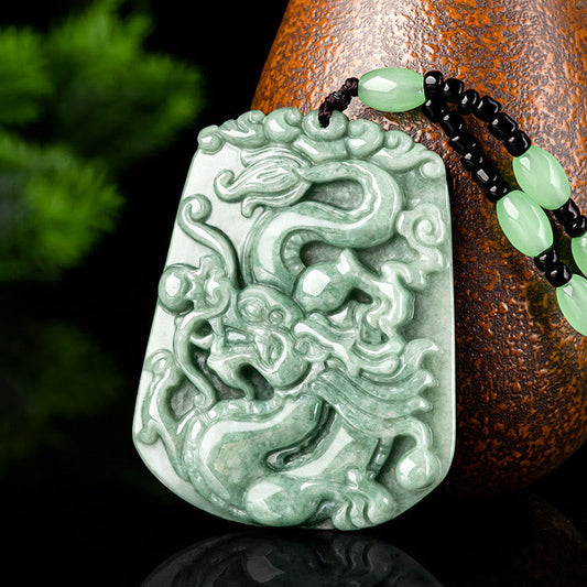 Wear FengShui Year Of The Dragon Chinese Zodiac Dragon Soaring Jade Protection Bead Chain Necklace Pendant