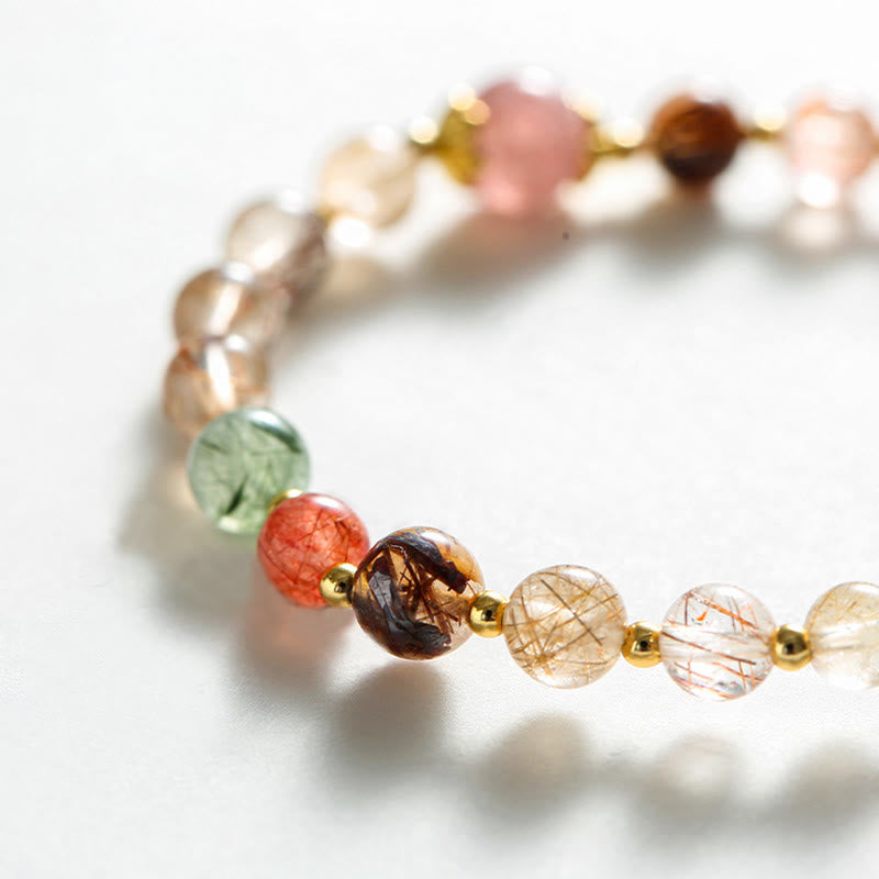 Wear FengShui Natural Rutilated Quartz Strawberry Quartz PiXiu Wealth Bracelet