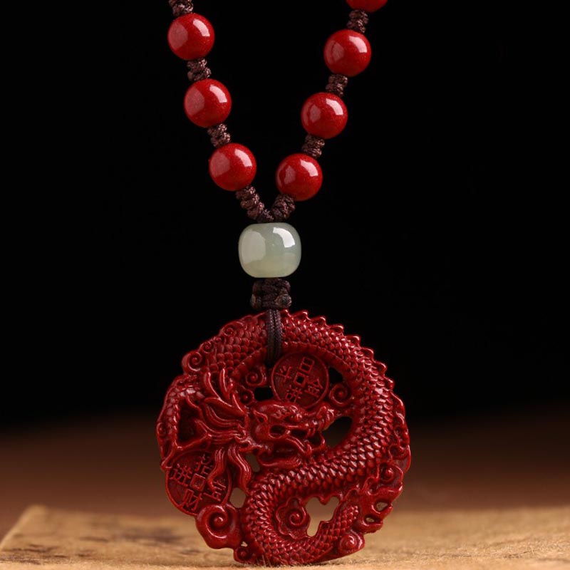 Wear FengShui Year Of The Dragon Natural Cinnabar Hetian Jade Bead Copper Coin Attract Wealth Strength Necklace Pendant