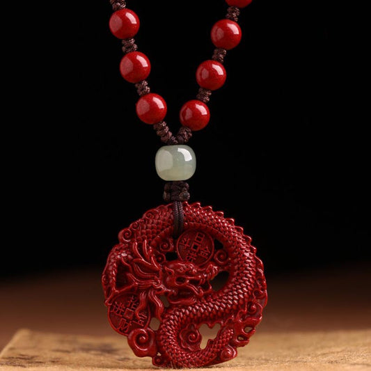 Wear FengShui Year Of The Dragon Natural Cinnabar Hetian Jade Bead Copper Coin Attract Wealth Strength Necklace Pendant