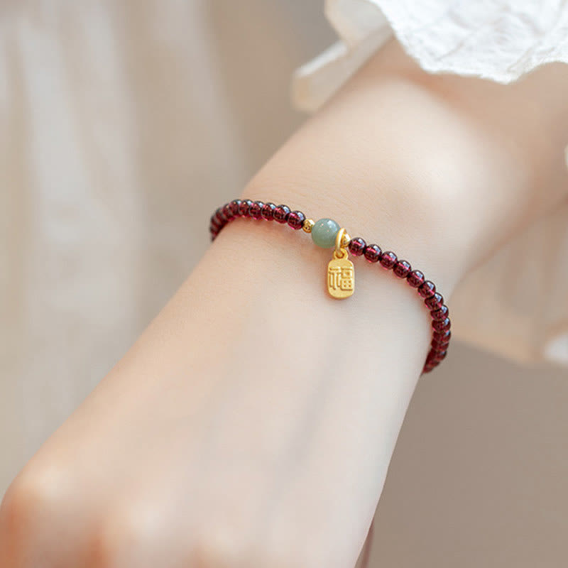 Wear FengShui Natural Strawberry Quartz Garnet Jade Lucky Fortune Fu Character Healing Charm Bracelet