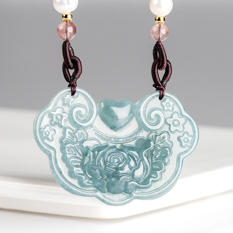 Wear FengShui Natural Jade Peony Flower Lock of Good Wishes Prosperity Necklace Pendant