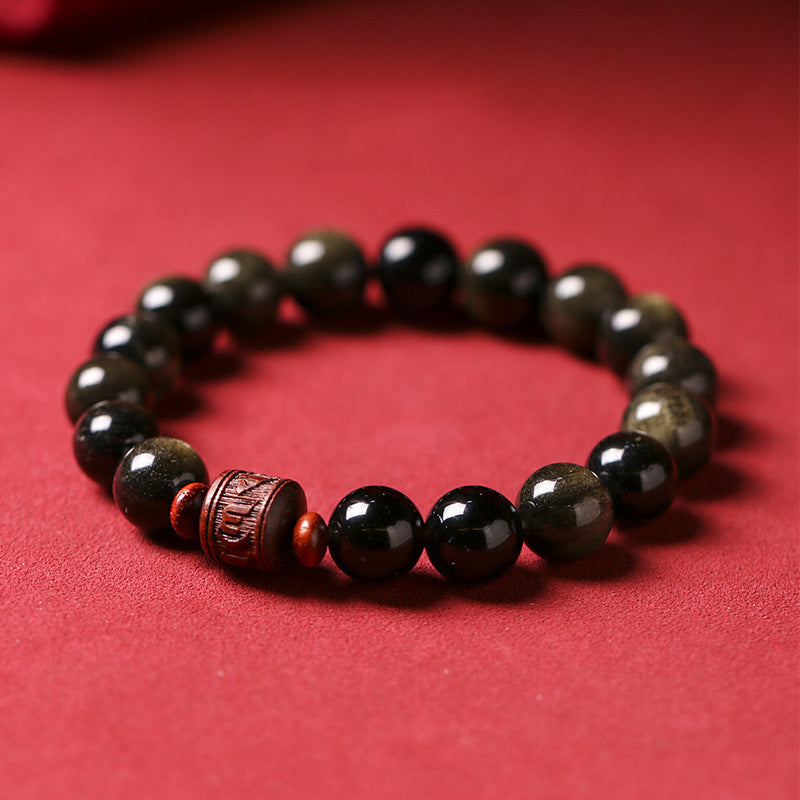 Wear FengShui Natural Gold Sheen Obsidian Rainbow Obsidian Om Mani Padme Hum Fu Character Healing Bracelet