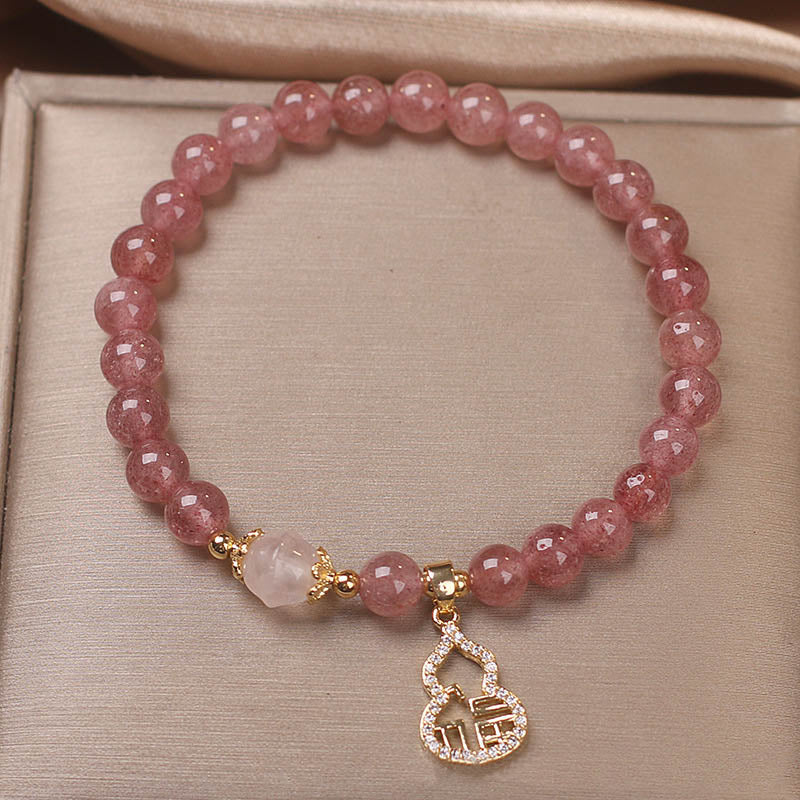Wear FengShui Strawberry Quartz Gourd Fu Character Charm Positive Bracelet