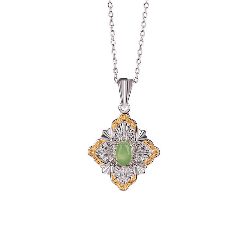 Wear FengShui 925 Sterling Silver Plated Gold Hetian Cyan Jade Rhombus Design Luck Healing Necklace Pendant