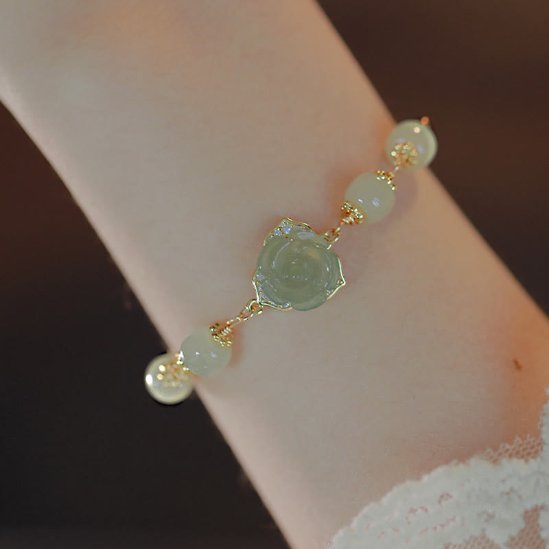Wear FengShui 14K Gold Plated Hetian Jade Rose Flower Luck Chain Bracelet