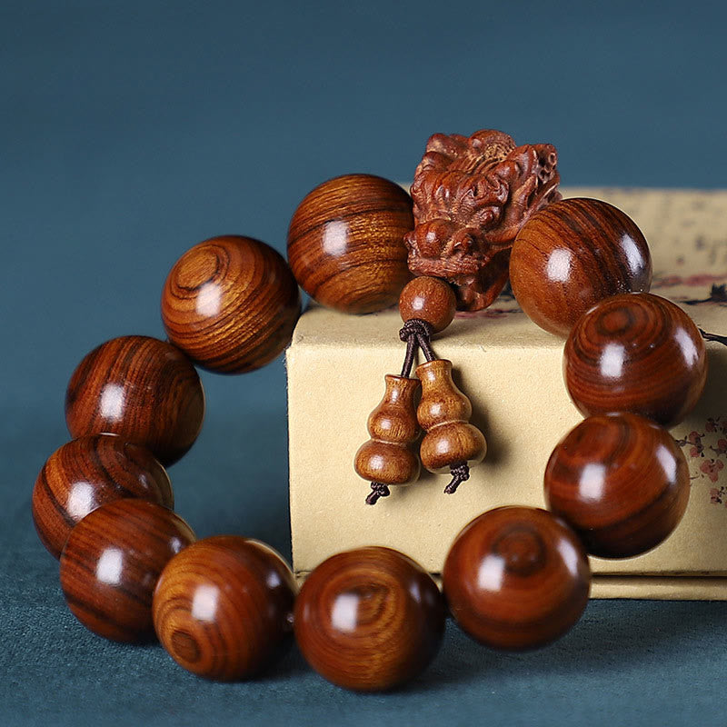 Wear FengShui Rosewood Green Sandalwood Small Leaf Red Sandalwood Dragon Carved Protection Bracelet