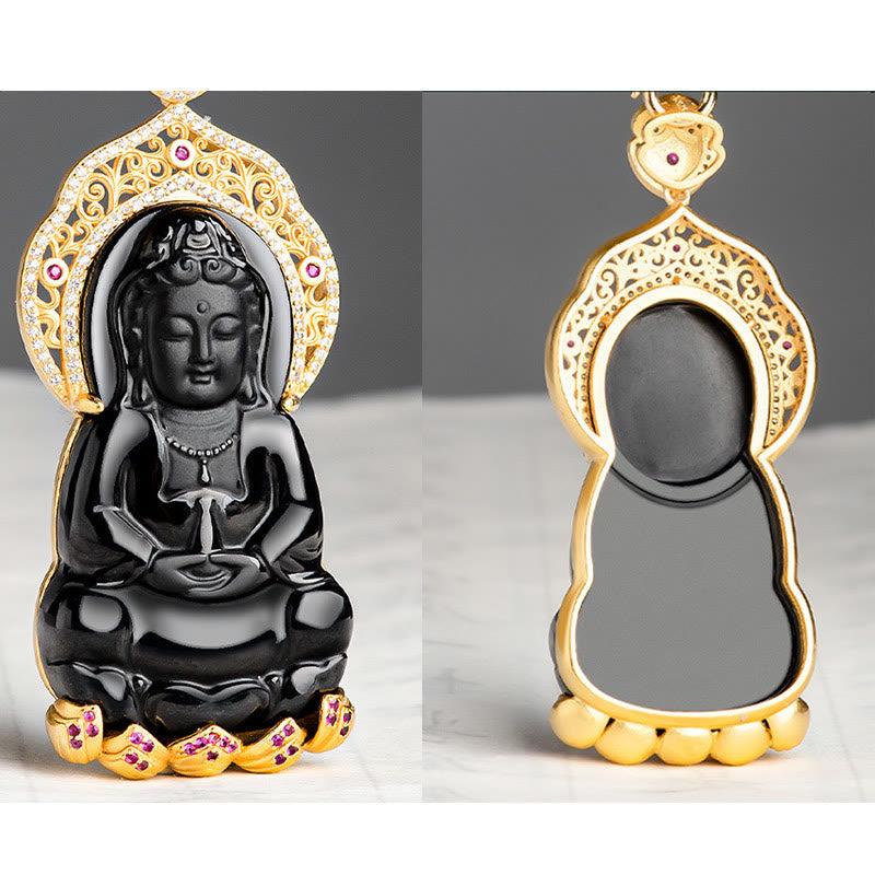 Wear FengShui Natural Black Jade Kwan Yin Avalokitesvara Wealth Titanium Steel Chain Necklace Pendant