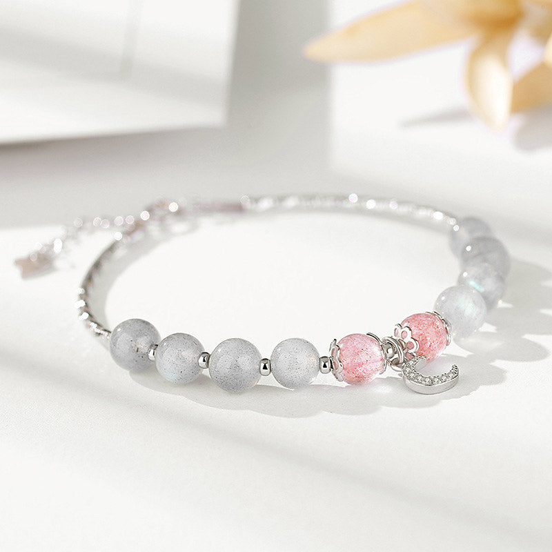 Wear FengShui Strawberry Quartz Moonstone Luck Moon Charm Bracelet