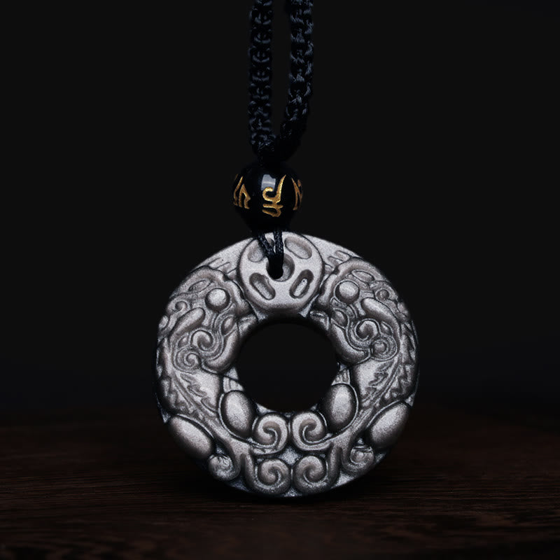 Wear FengShui Natural Silver Sheen Obsidian Double PiXiu Copper Coin Peace Buckle Protection Necklace Pendant