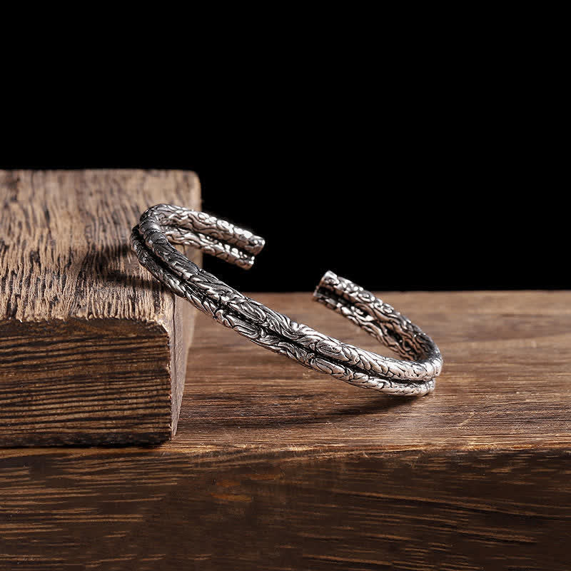 Wear FengShui Flower Dragon Pattern Engraved Balance Cuff Bracelet Bangle