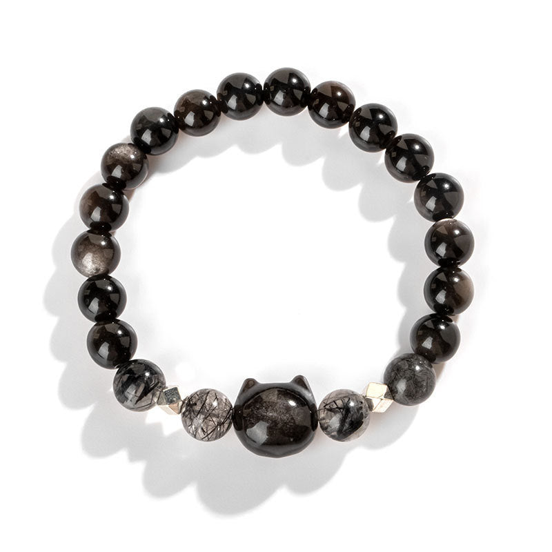 Wear FengShui Natural Silver Sheen Obsidian Cute Cat Head Protection Bracelet