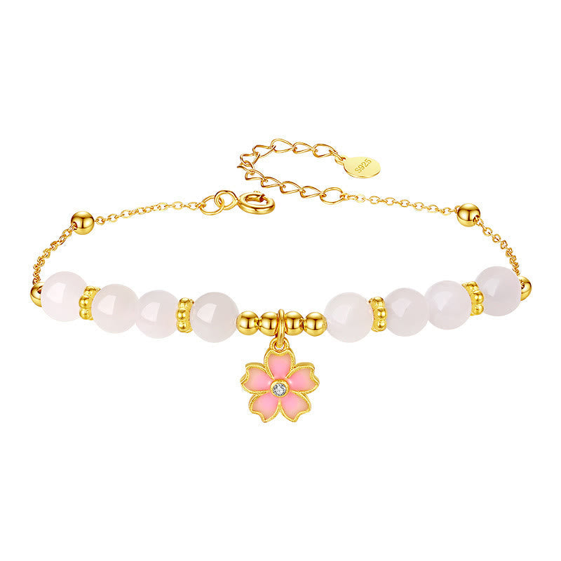 Wear FengShui 925 Sterling Silver Hetian White Jade Cherry Blossom Protection Bracelet