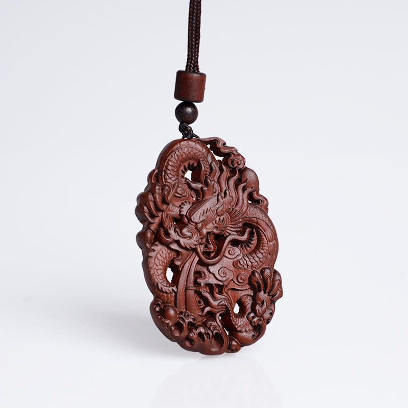 Wear FengShui Lightning Struck Jujube Wood Double Dragon Relief Ward Off Evil Spirits Necklace Pendant