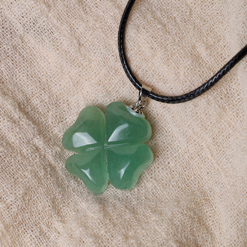Wear FengShui 925 Sterling Silver Green Aventurine Four Leaf Clover Luck Leather Rope Necklace Pendant