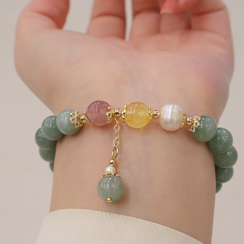 Wear FengShui Jade Pearl Strawberry Quartz Abundance Luck Bead Charm Bracelet
