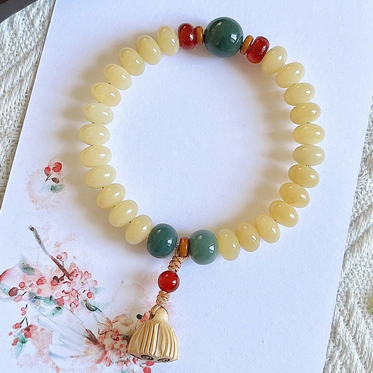 Cream-Toned White Jade Bodhi Bracelet with Boxwood Lotus Pod – Available in Single, Double Wrap, or 108 Mala