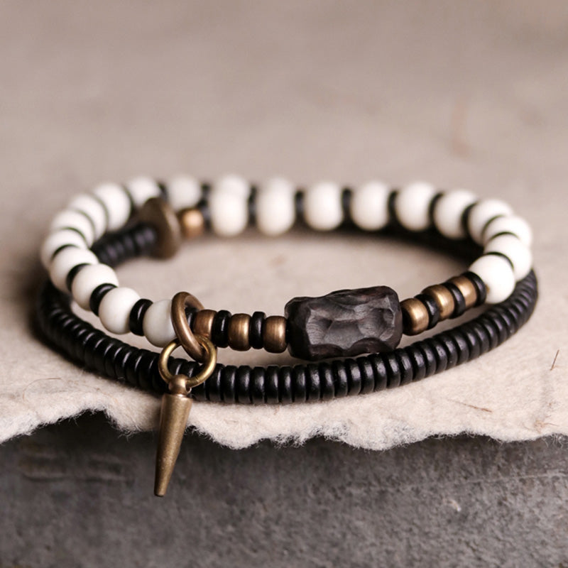 Wear FengShui Bone Beads Ebony Wood Copper Strength Couple Bracelet